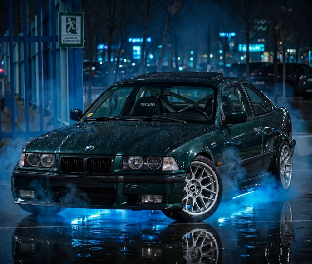 BMW verde bajo la lluvia