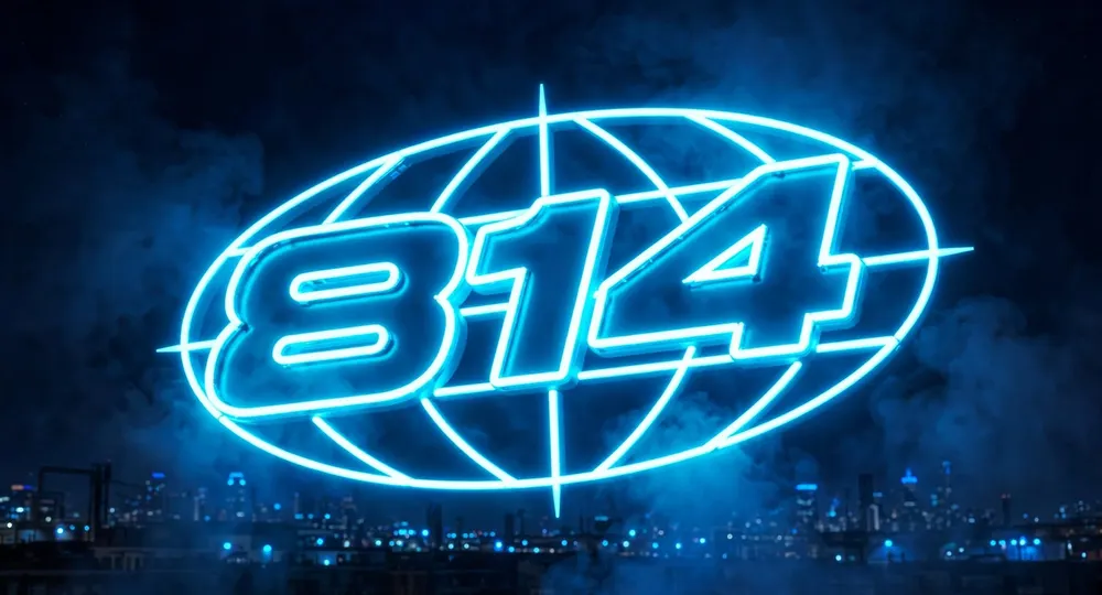 Logo 814 en neón sobre la ciudad