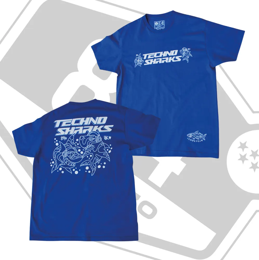 Camiseta Techno Sharks azul, delante y detrás