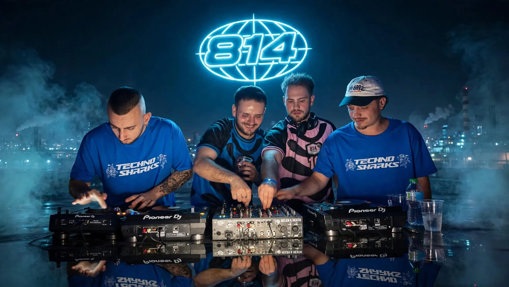 DJs de 814.Collective bajo el logo de neón 814